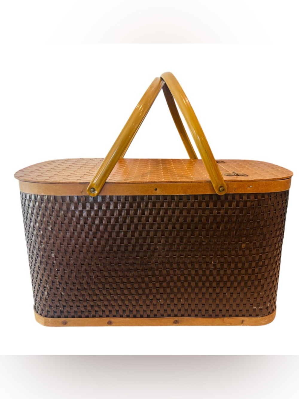 Vintage Hawkeye Burlington Picnic Basket Woven Wood Folding Lid 21”